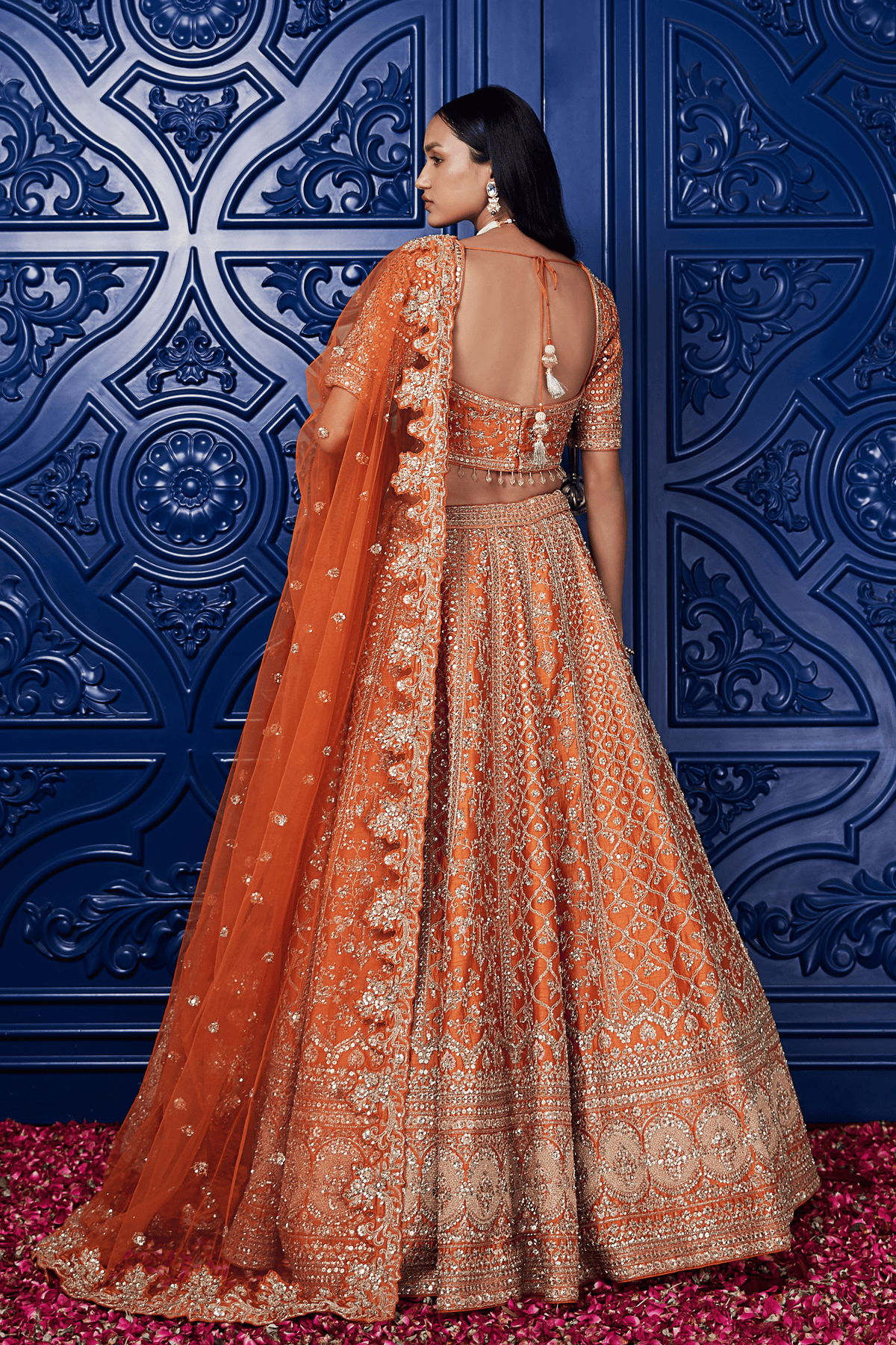 Orange Silk Embroidered Lehenga Set