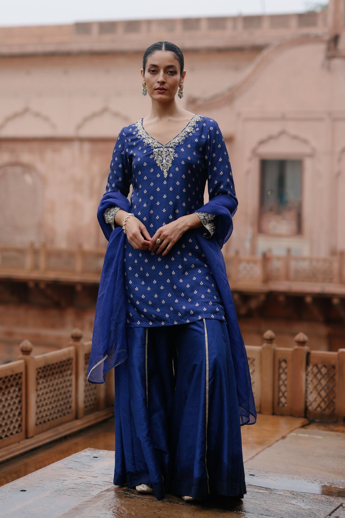 Blue Embroidered Sharara Set