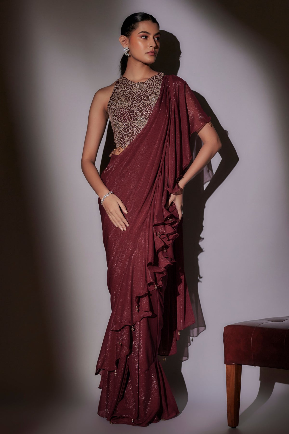 Wine Pre-Draped Frill Saree Set