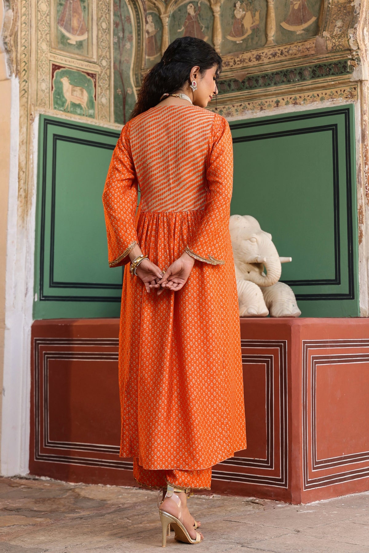 Printed Frockstyle Orange Kurta Set