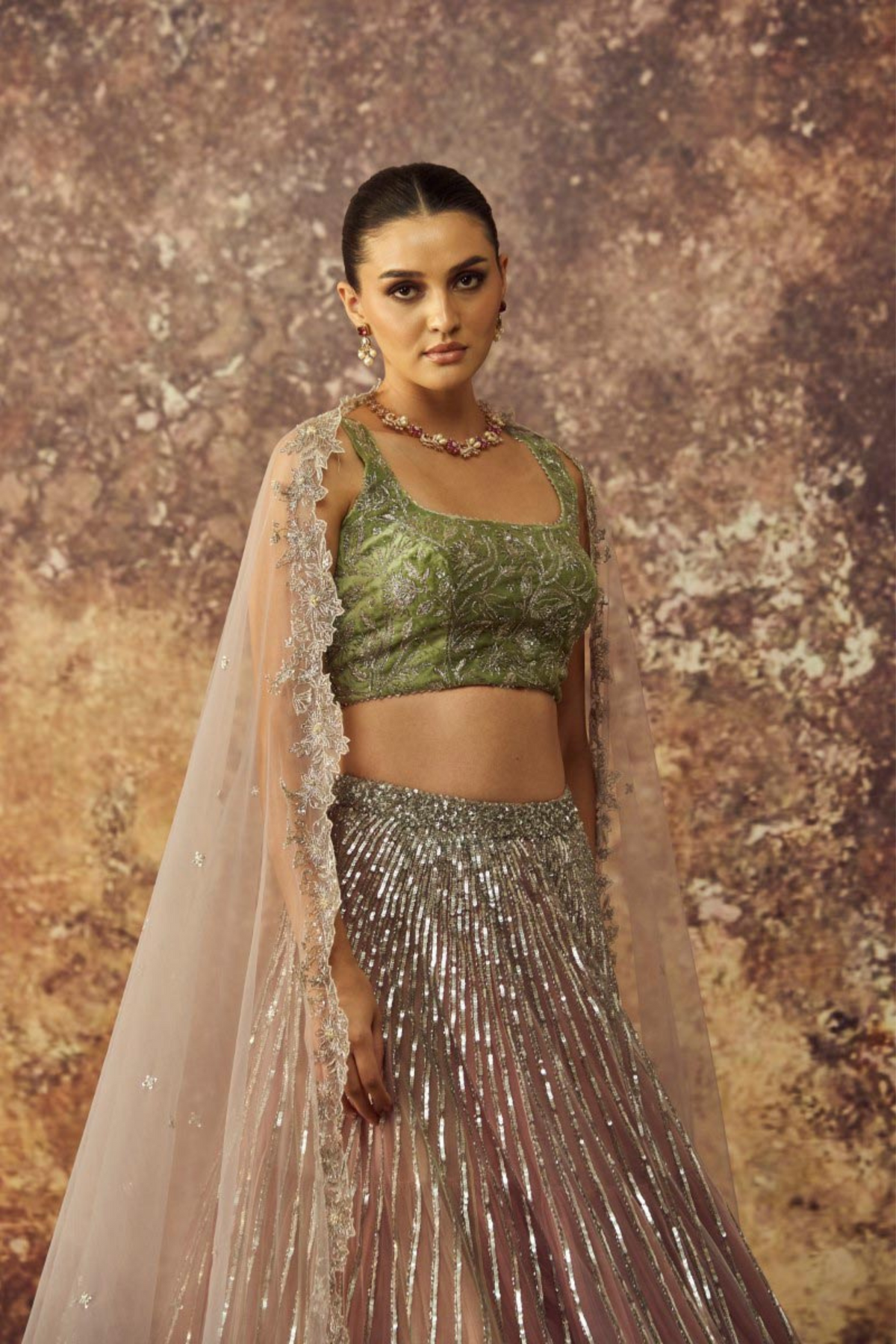 Multi Coloured Tulle  Lines Lehenga Set