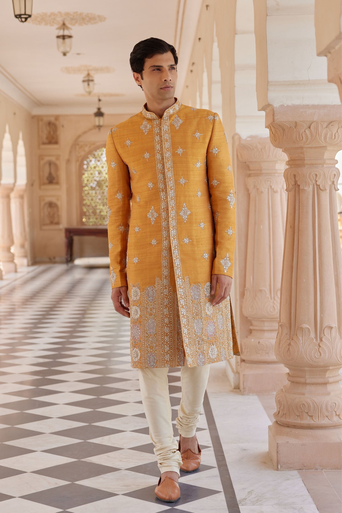 Orange Peel Embroidered Sherwani Set