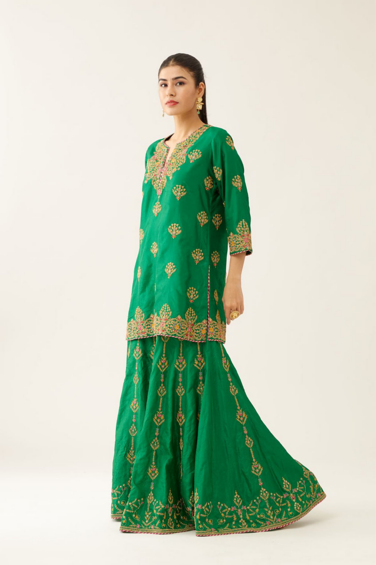 Green Silk Short Kurta Set