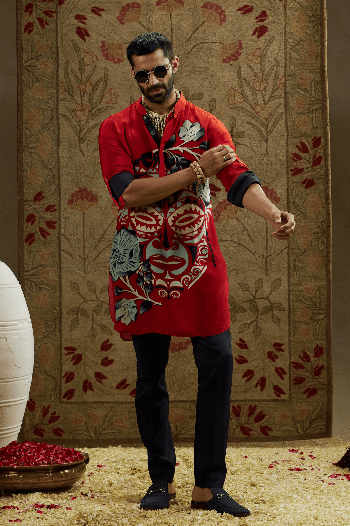 Red Rolled up Sleeves Kurta