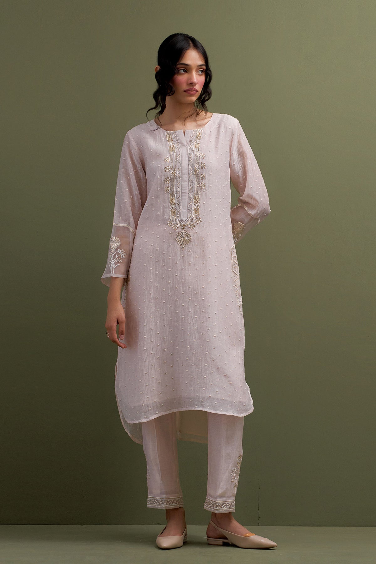 Pink Embroidered High Low Kurta Set