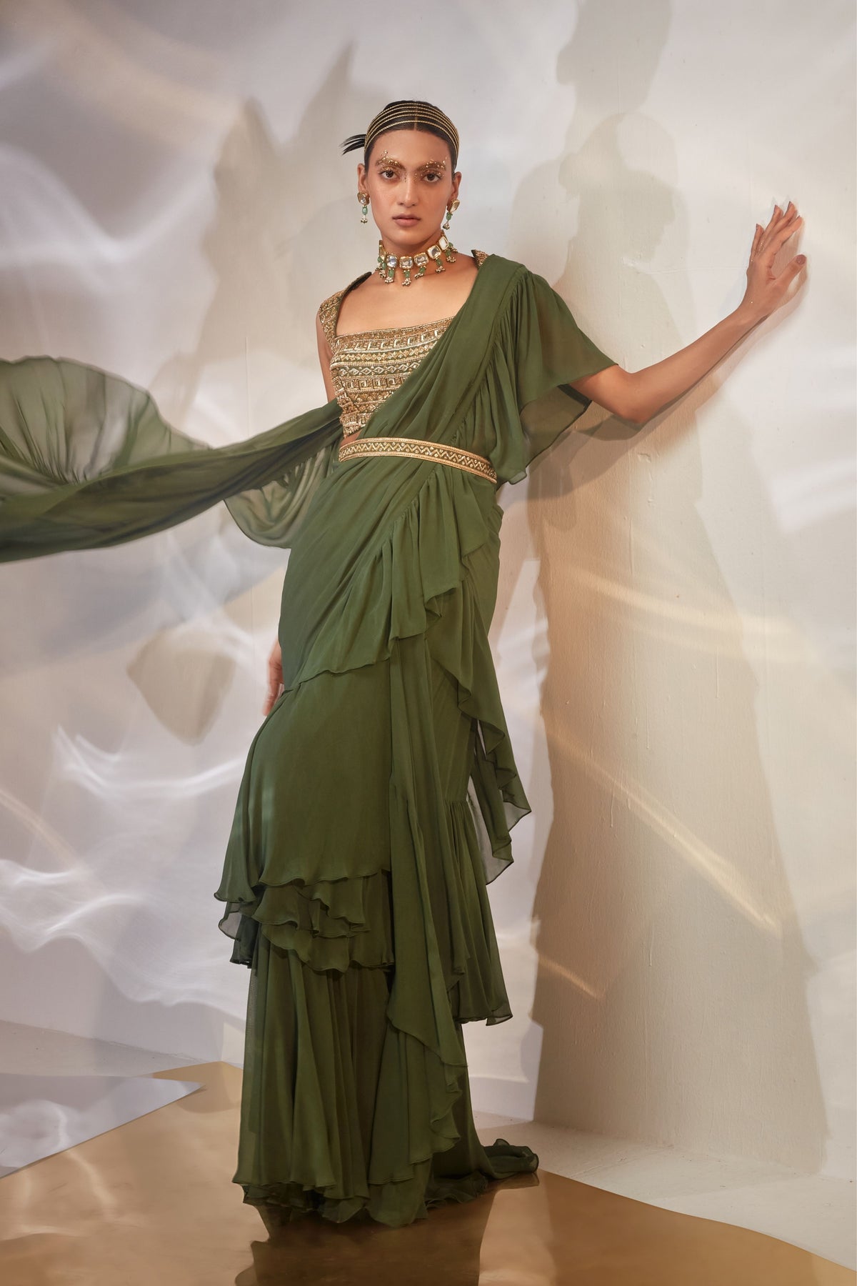 Green Ruffle Drape Saree