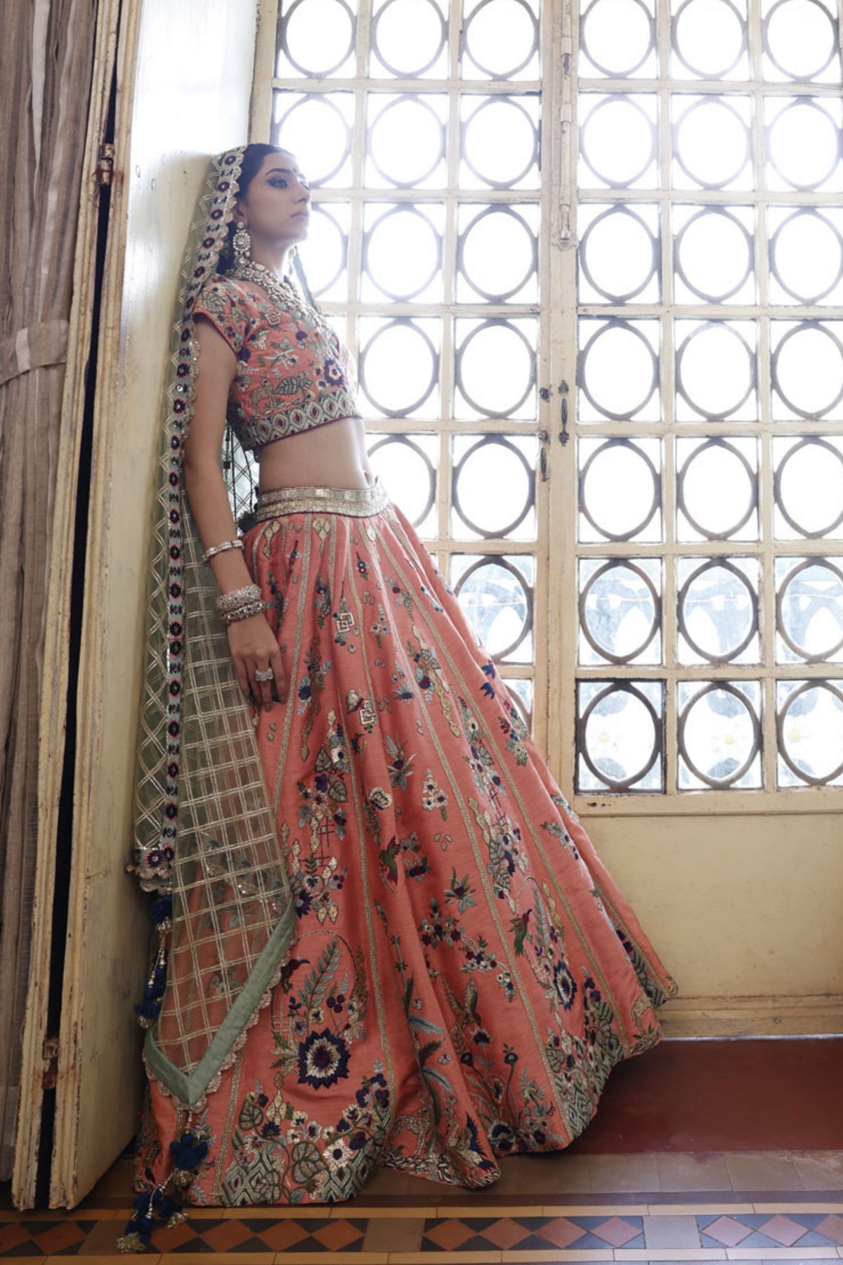 Peach Lehenga, Choli and Dupatta