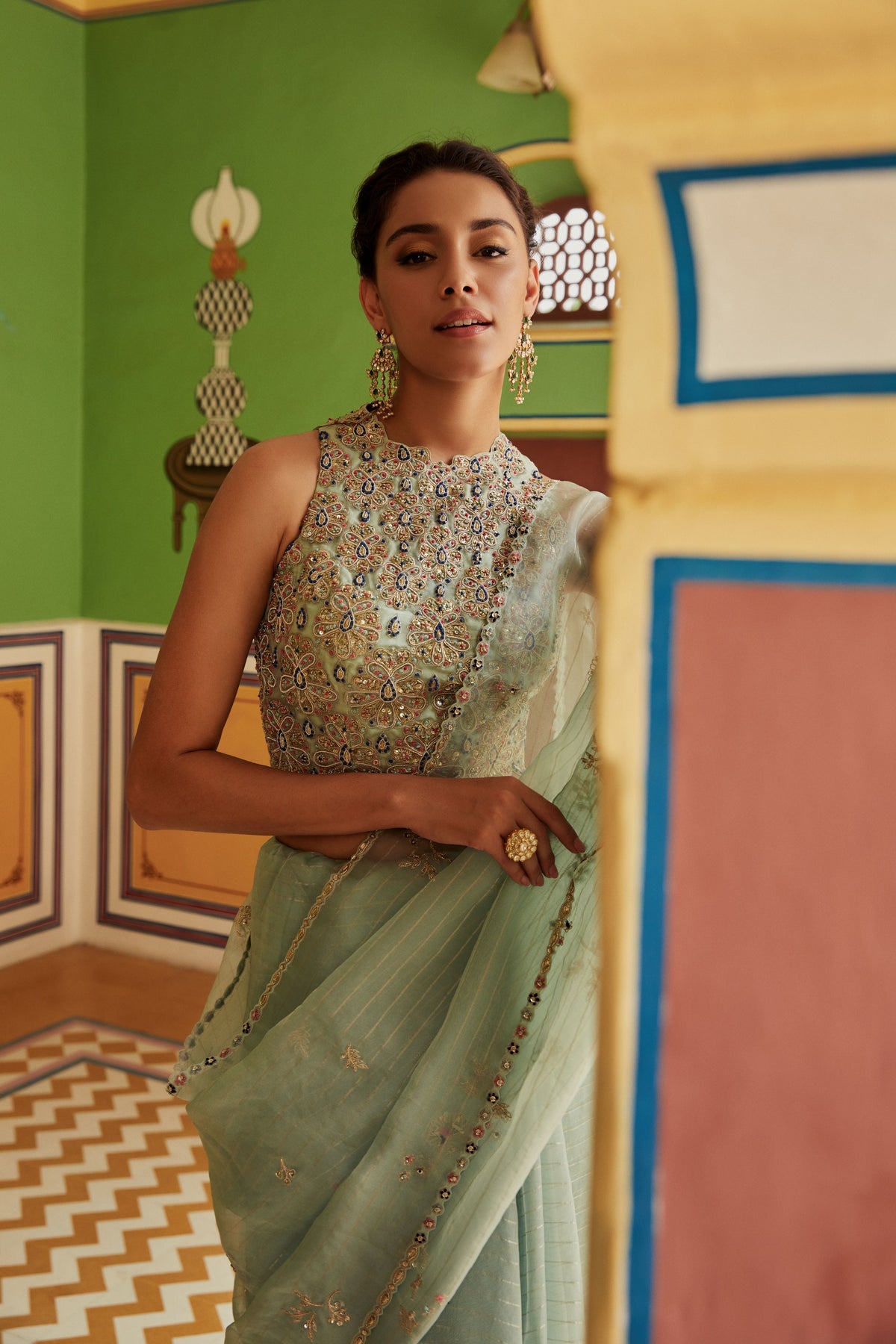 Sage embroidered saree