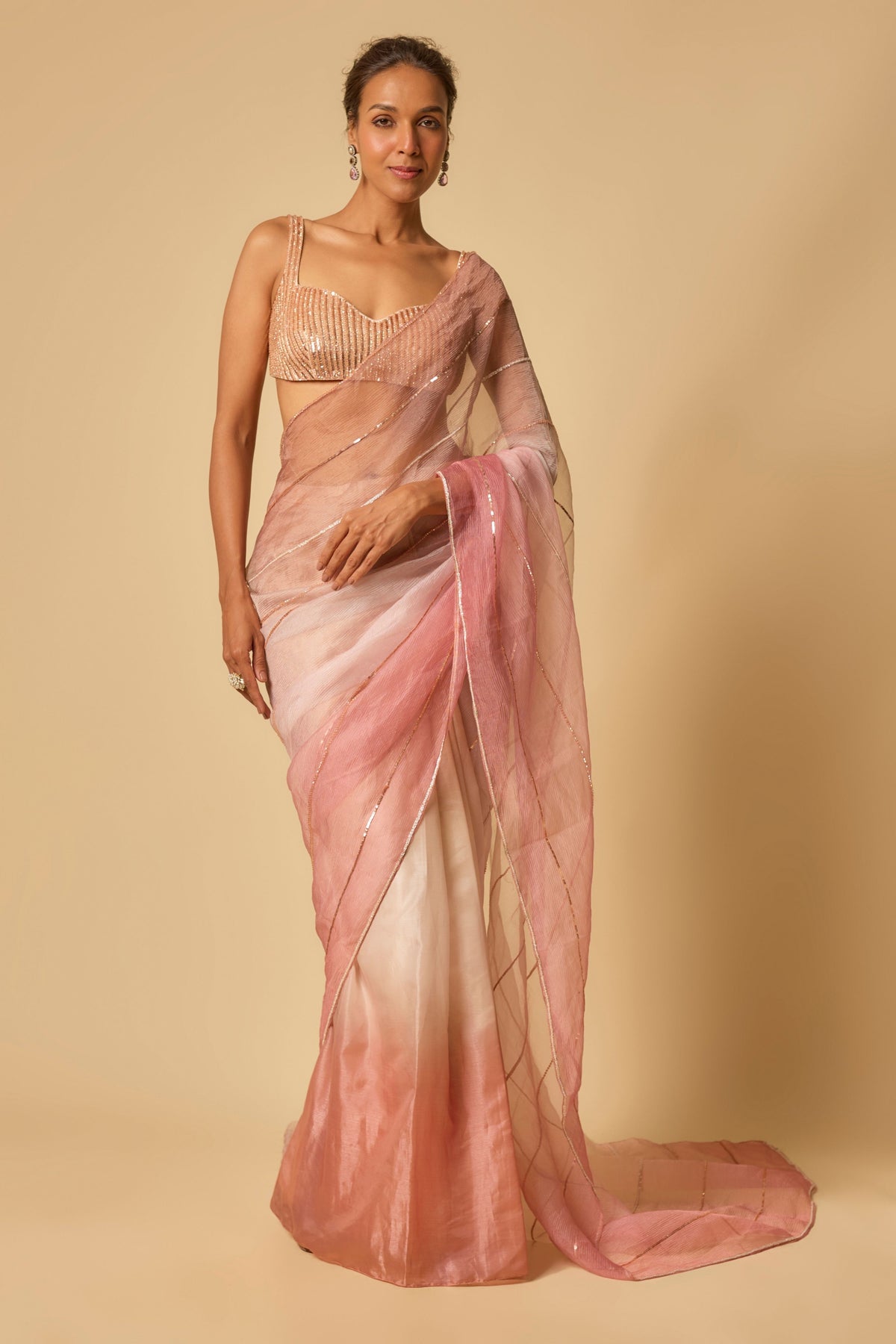 Pink Ombre Embroidered Saree Set