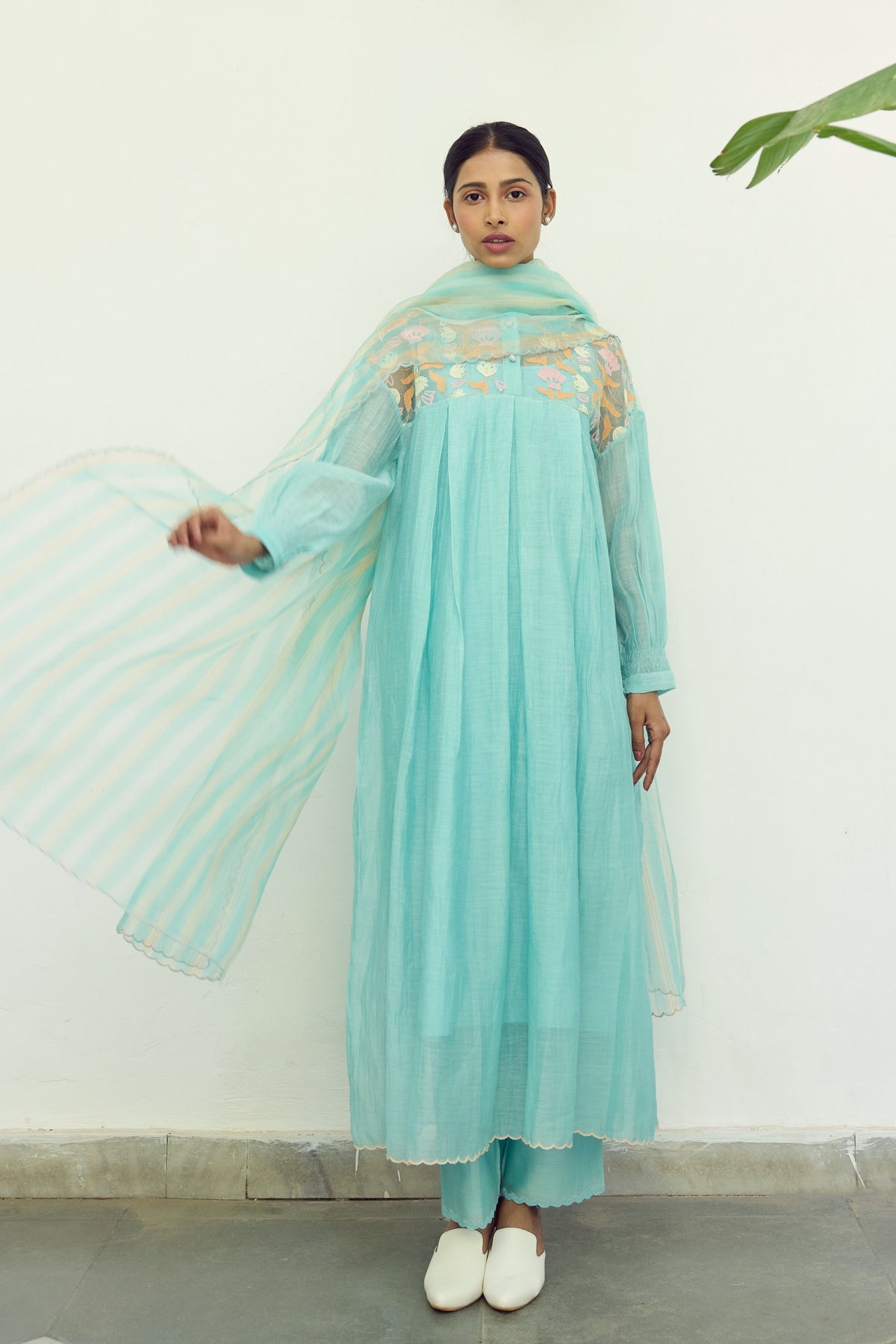 Turquoise Silk Organza Yoke Dress