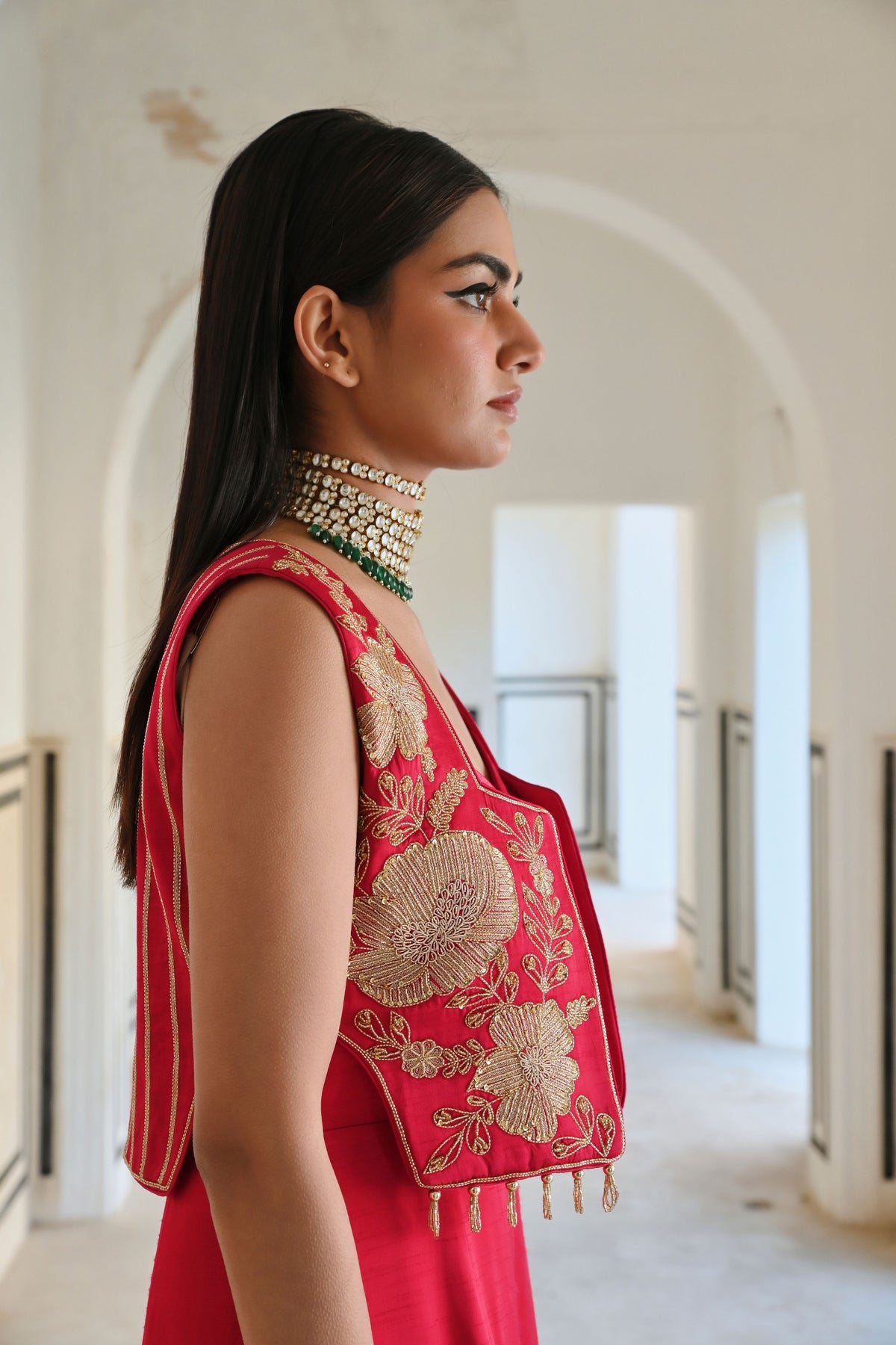 Red Embroidered Jumpsuit With Jacket