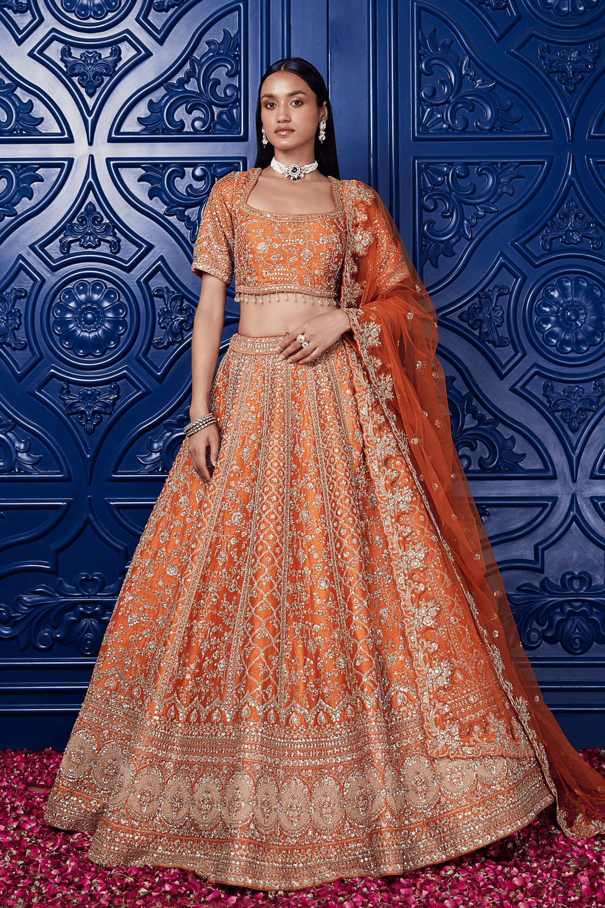 Orange Silk Embroidered Lehenga Set