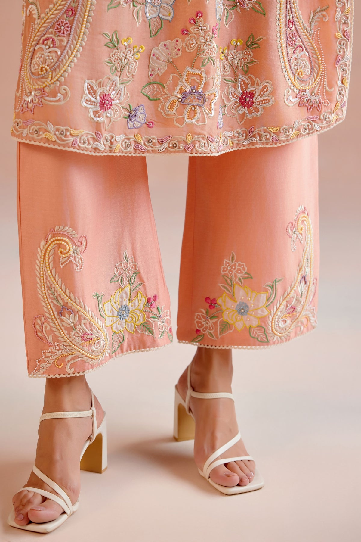 Apricot Contrast Embroidered Kurta Set