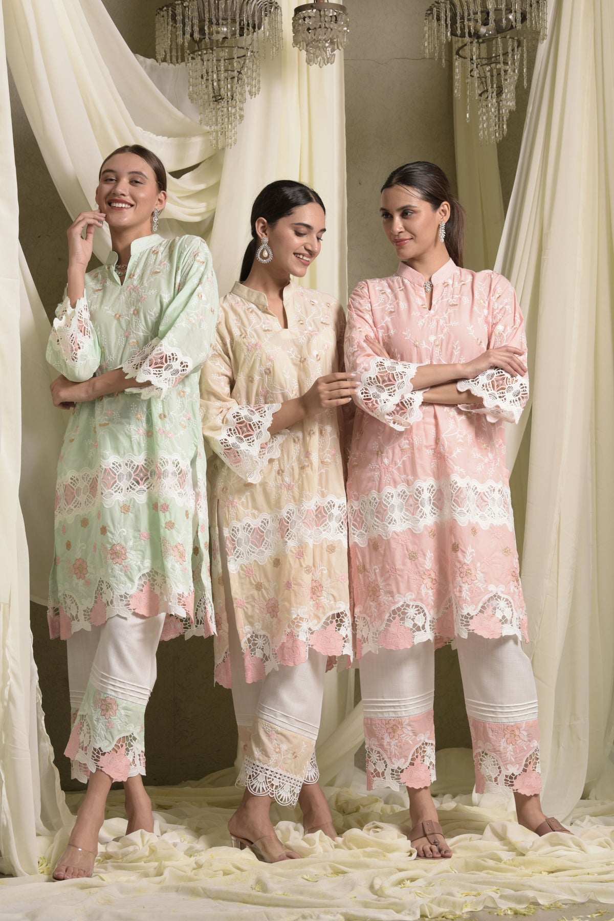 Myra Mesh Floral Beige Rose Lace Kurta Set