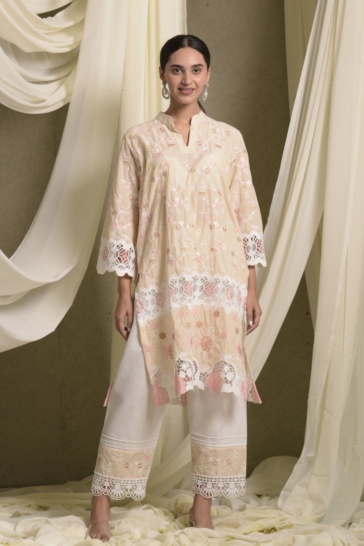 Myra Mesh Floral Beige Rose Lace Kurta Set