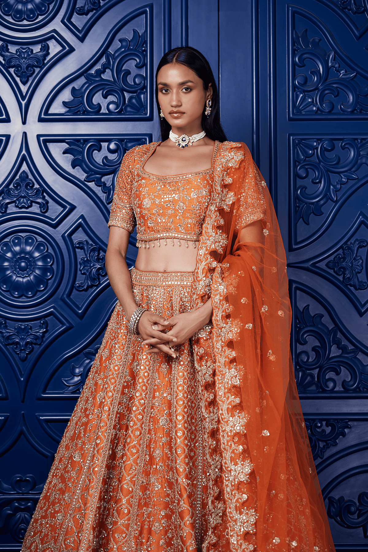 Orange Silk Embroidered Lehenga Set