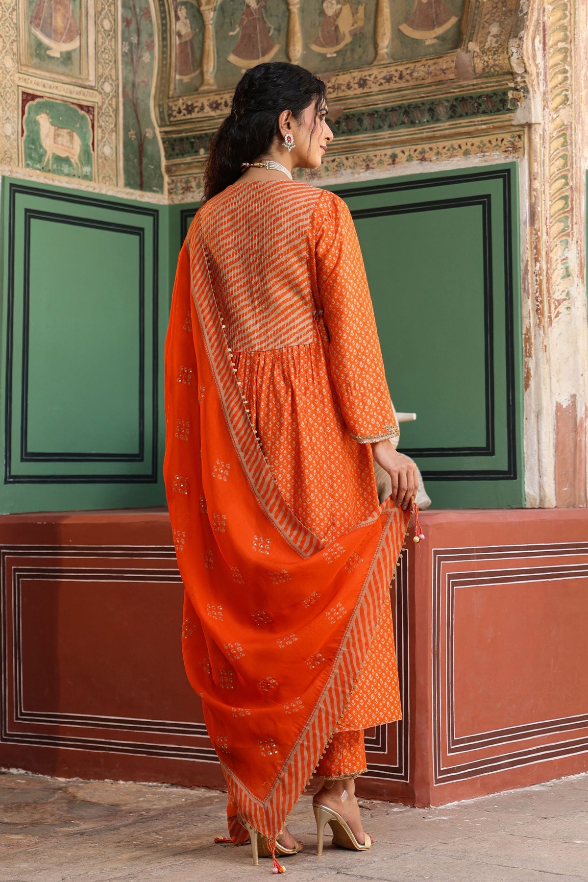 Printed Frockstyle Orange Kurta Set