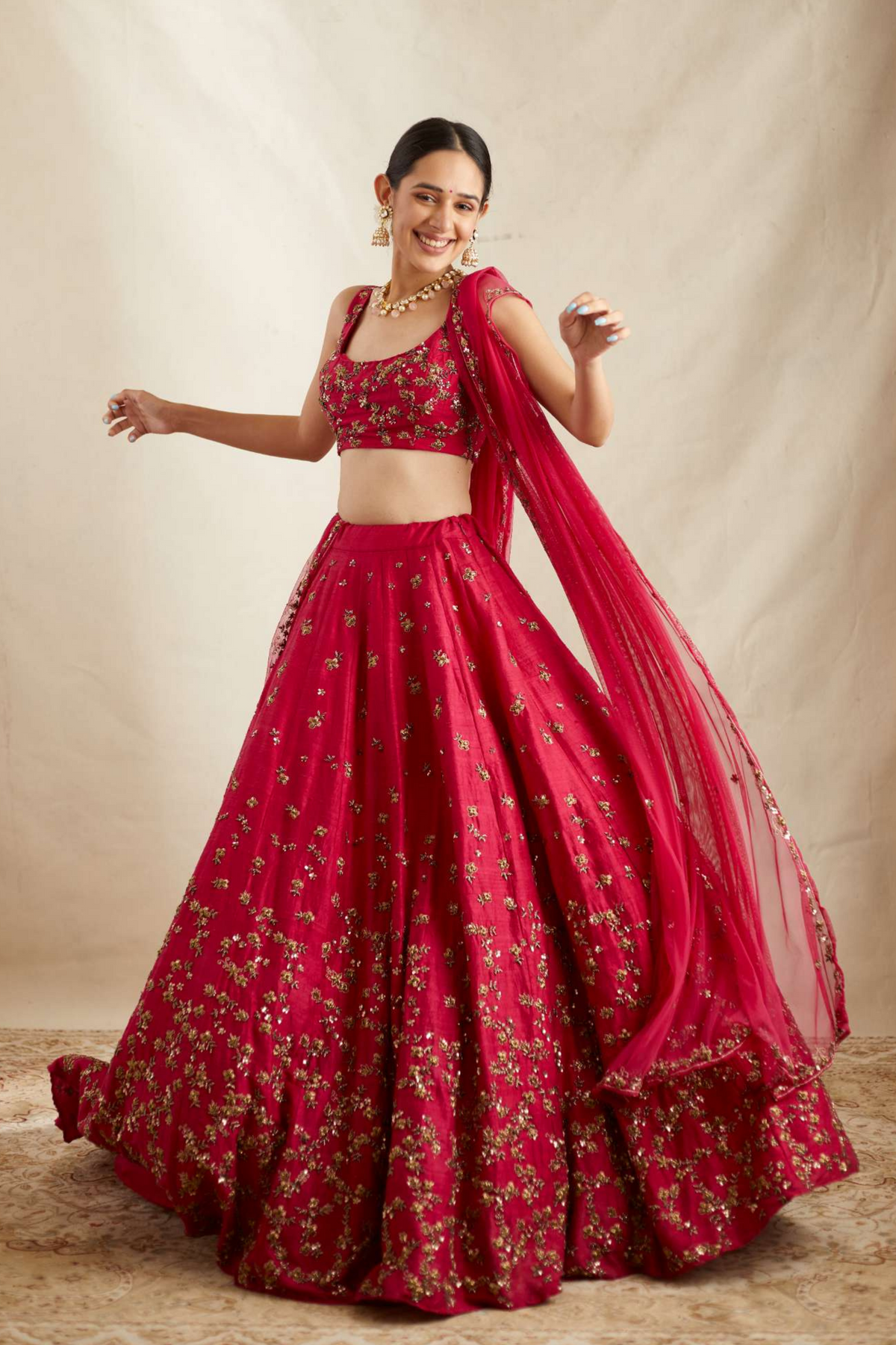 Carmine Pink Raw Silk Lehenga Set