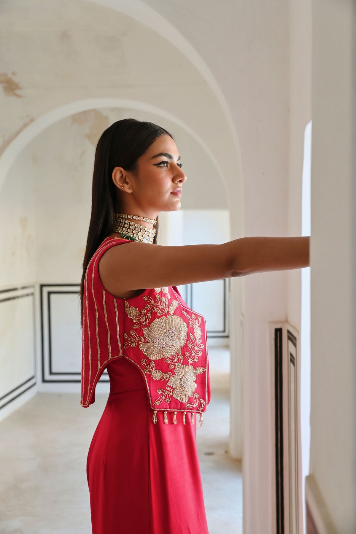 Red Embroidered Jumpsuit With Jacket