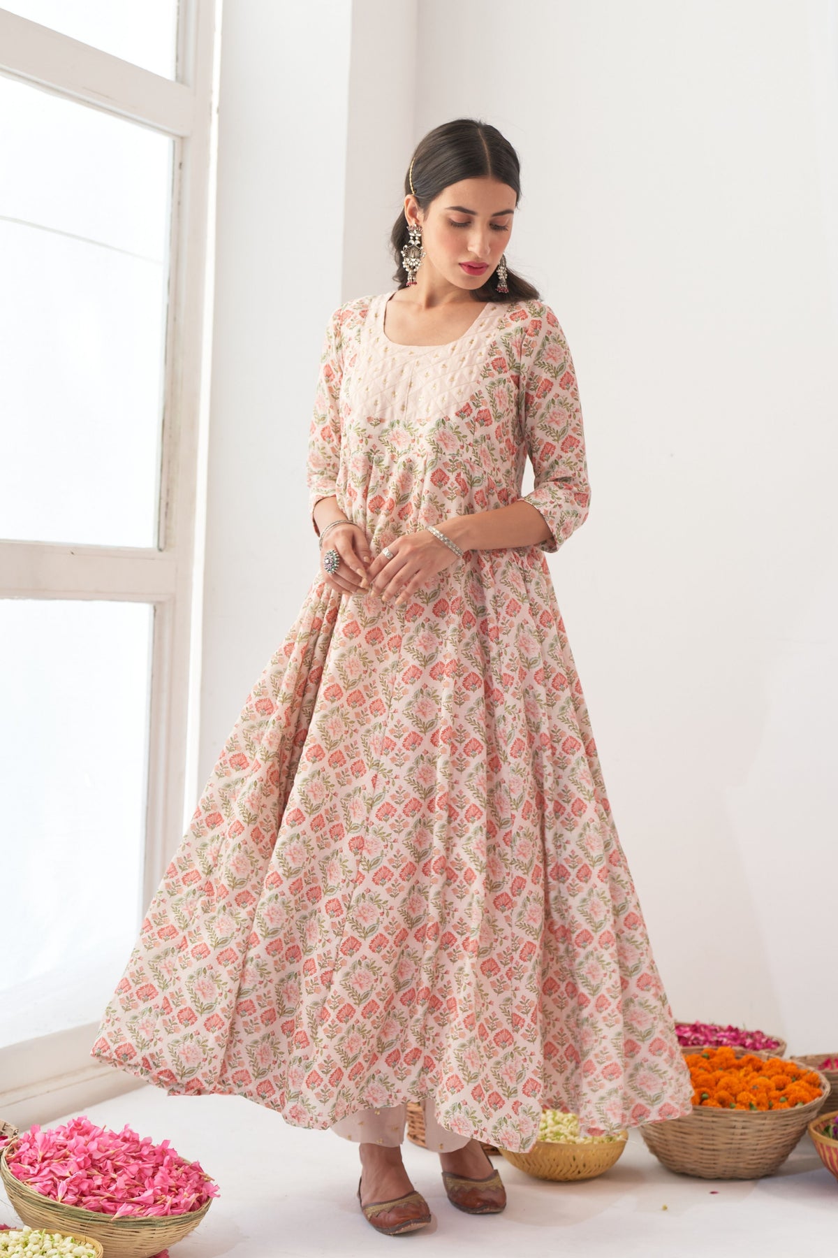 Ivory Peony Embroidered Anarkali Set