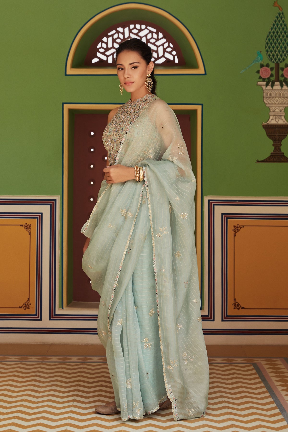 Sage embroidered saree