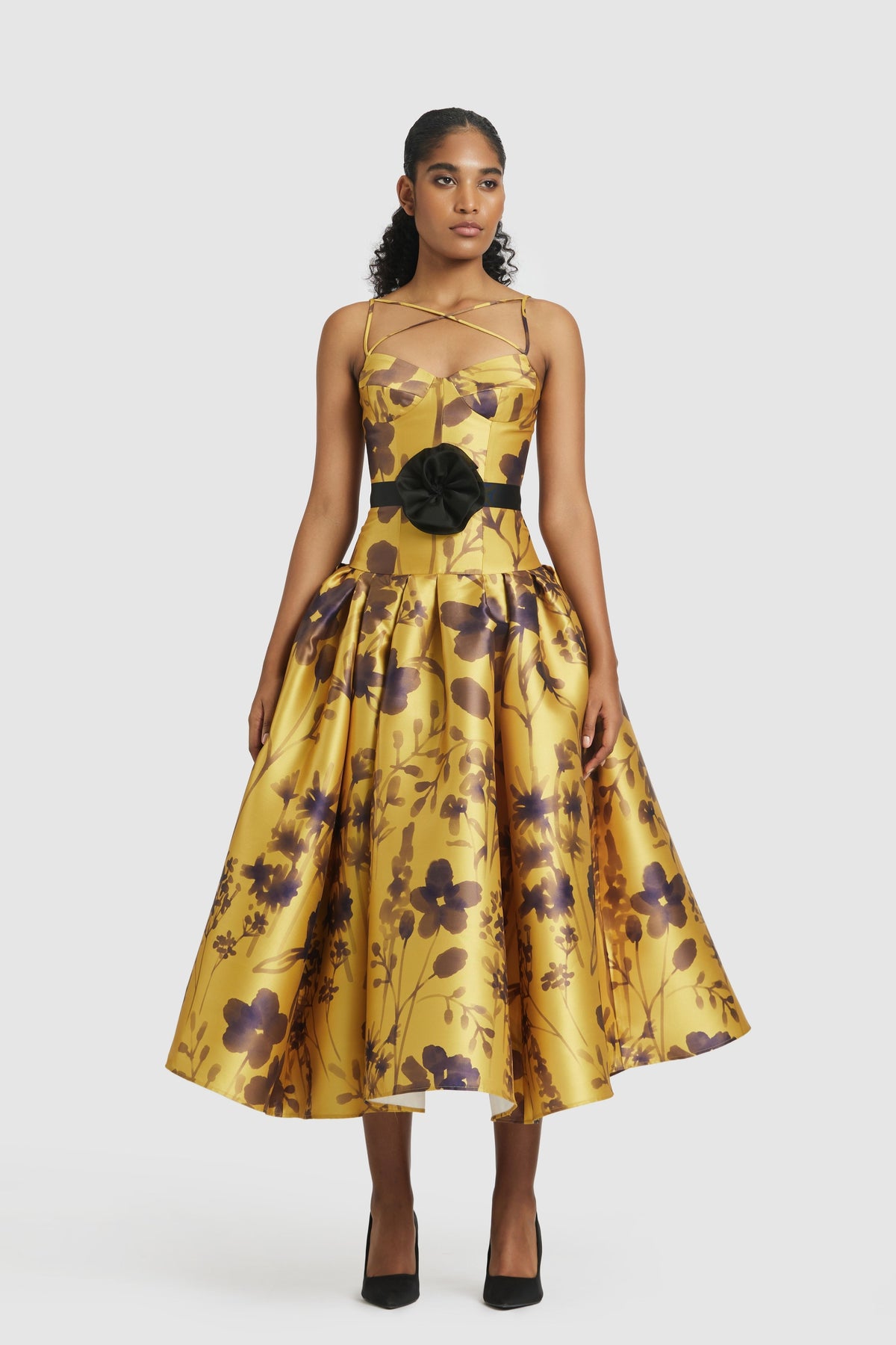 Mustard Corseted Midi Dress