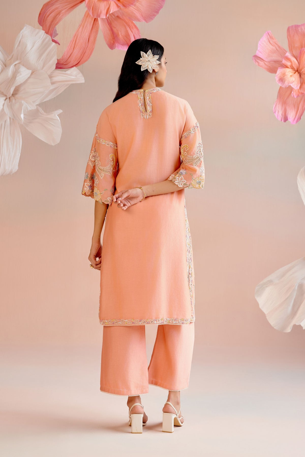 Apricot Contrast Embroidered Kurta Set