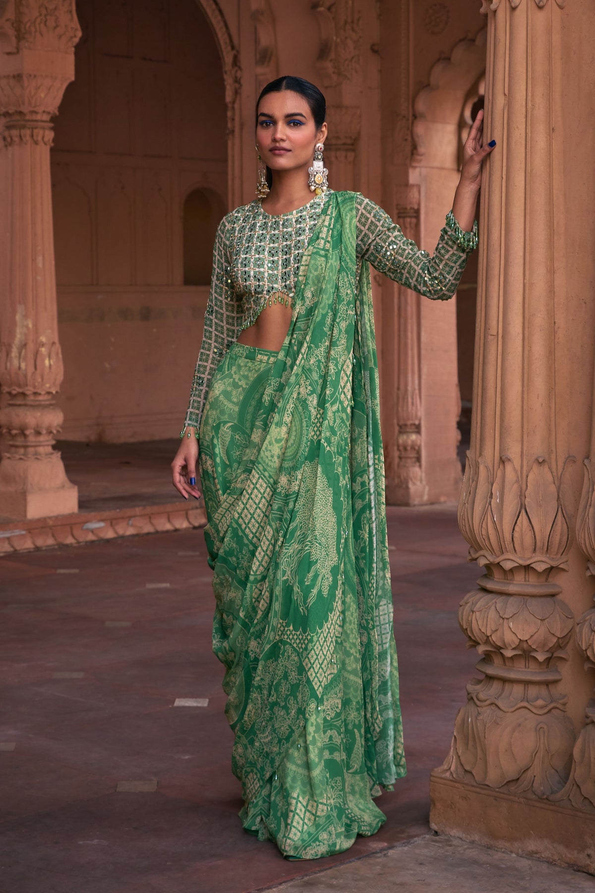 Thikri Printed Draped Saree Set