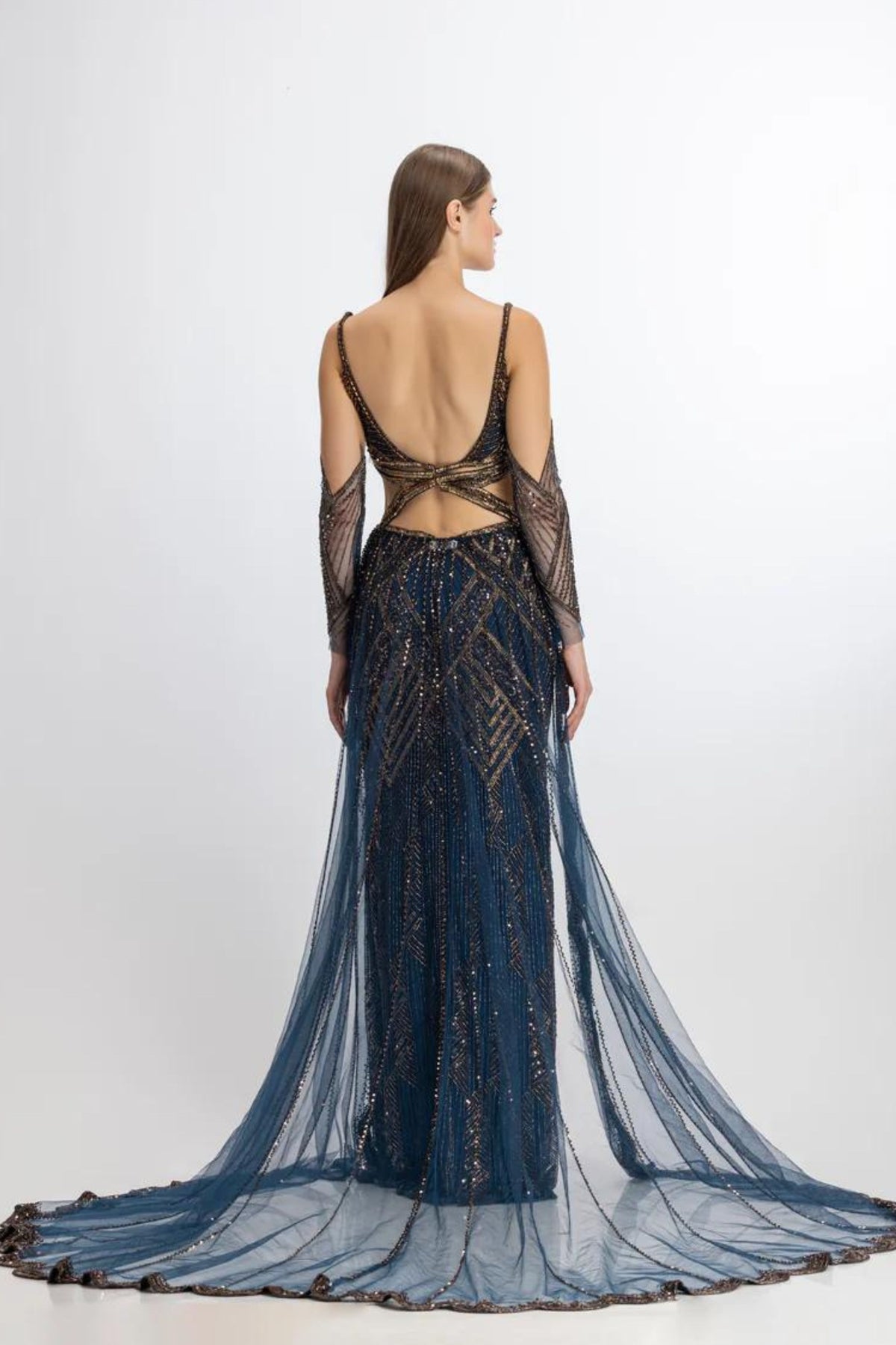 Midnight blue gown with an overskirt