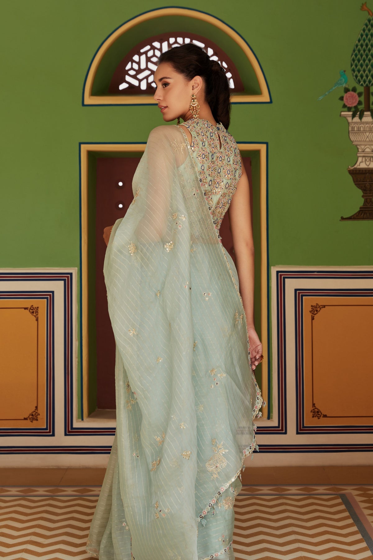 Sage embroidered saree