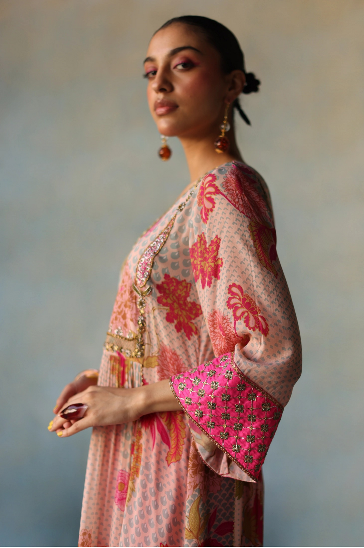 Gul Nude Pink Yoke Check Sleeve Kurta Set