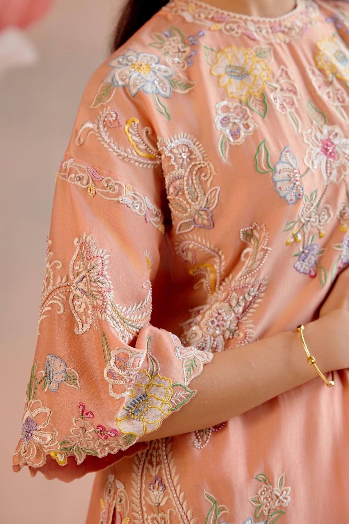 Apricot Contrast Embroidered Kurta Set