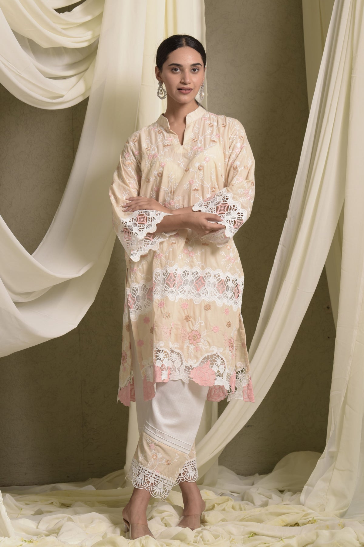 Beige Rose Lace Kurta Set