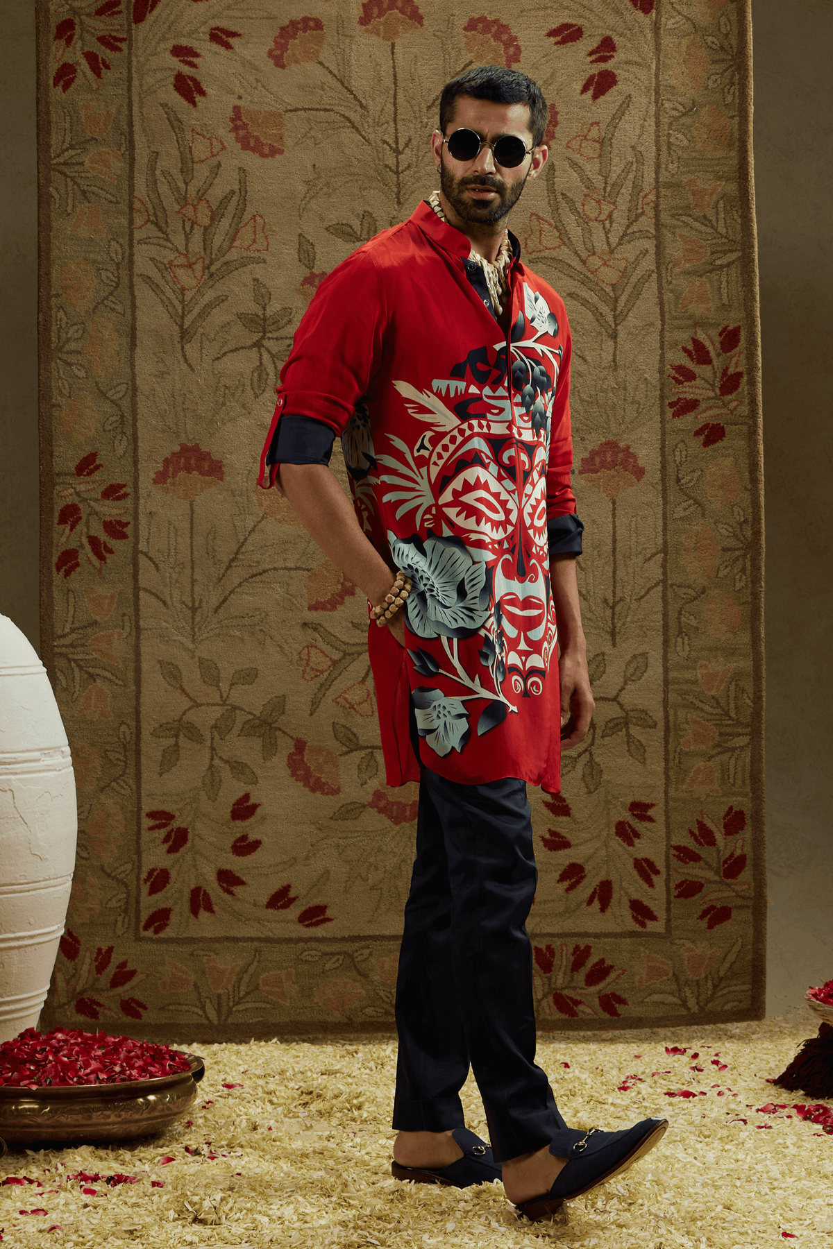 Red Rolled up Sleeves Kurta