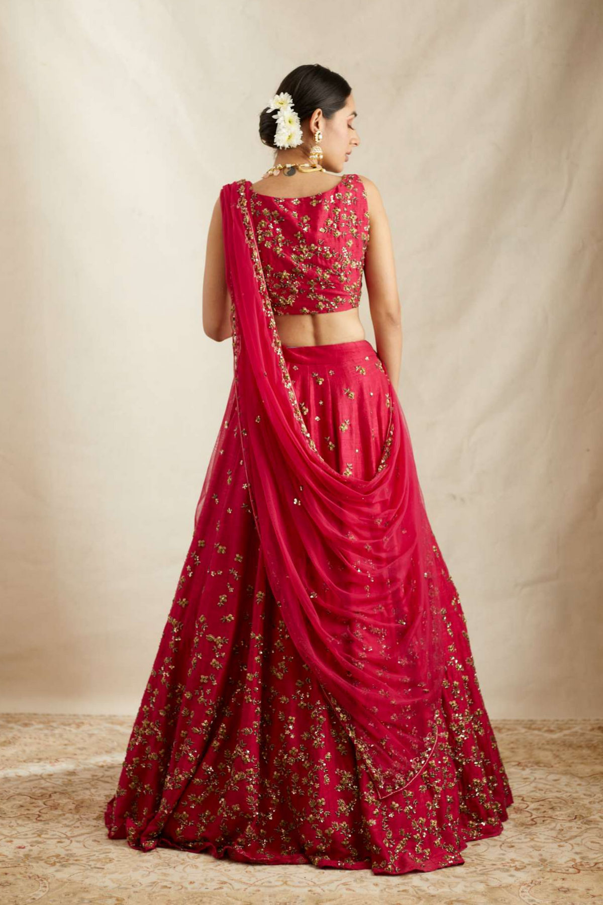 Carmine Pink Raw Silk Lehenga Set