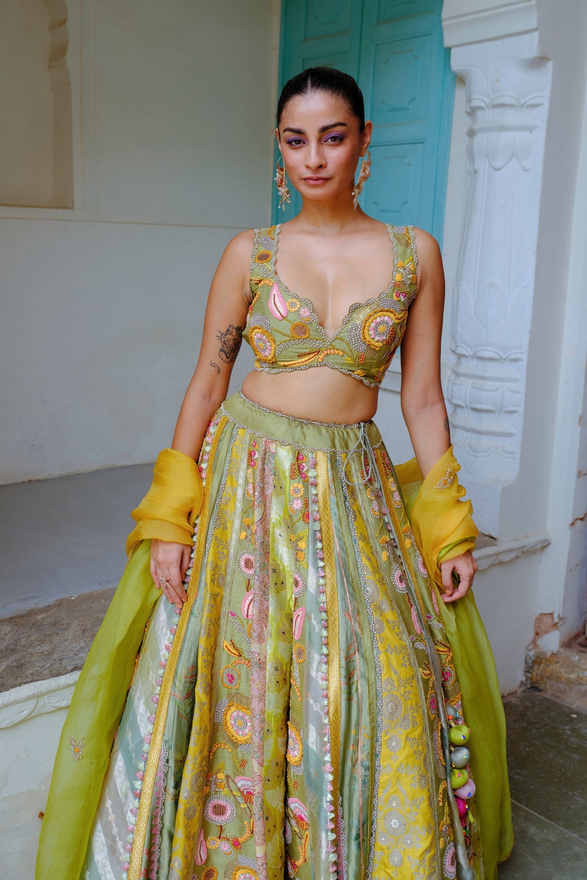 Green Floral Silk Lehenga Set