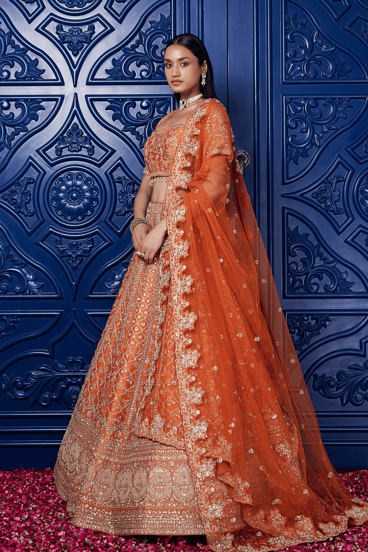 Orange Silk Embroidered Lehenga Set