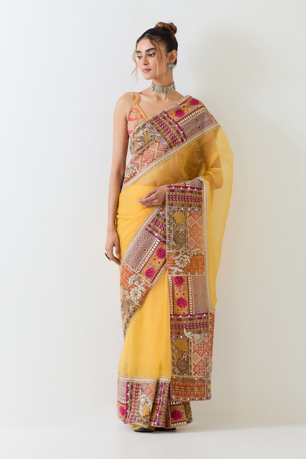 Mustard Yellow Patch Work Saree Set