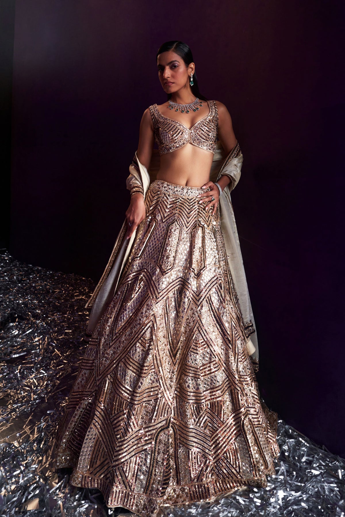 Gold Tissue Embroired Lehenga Set