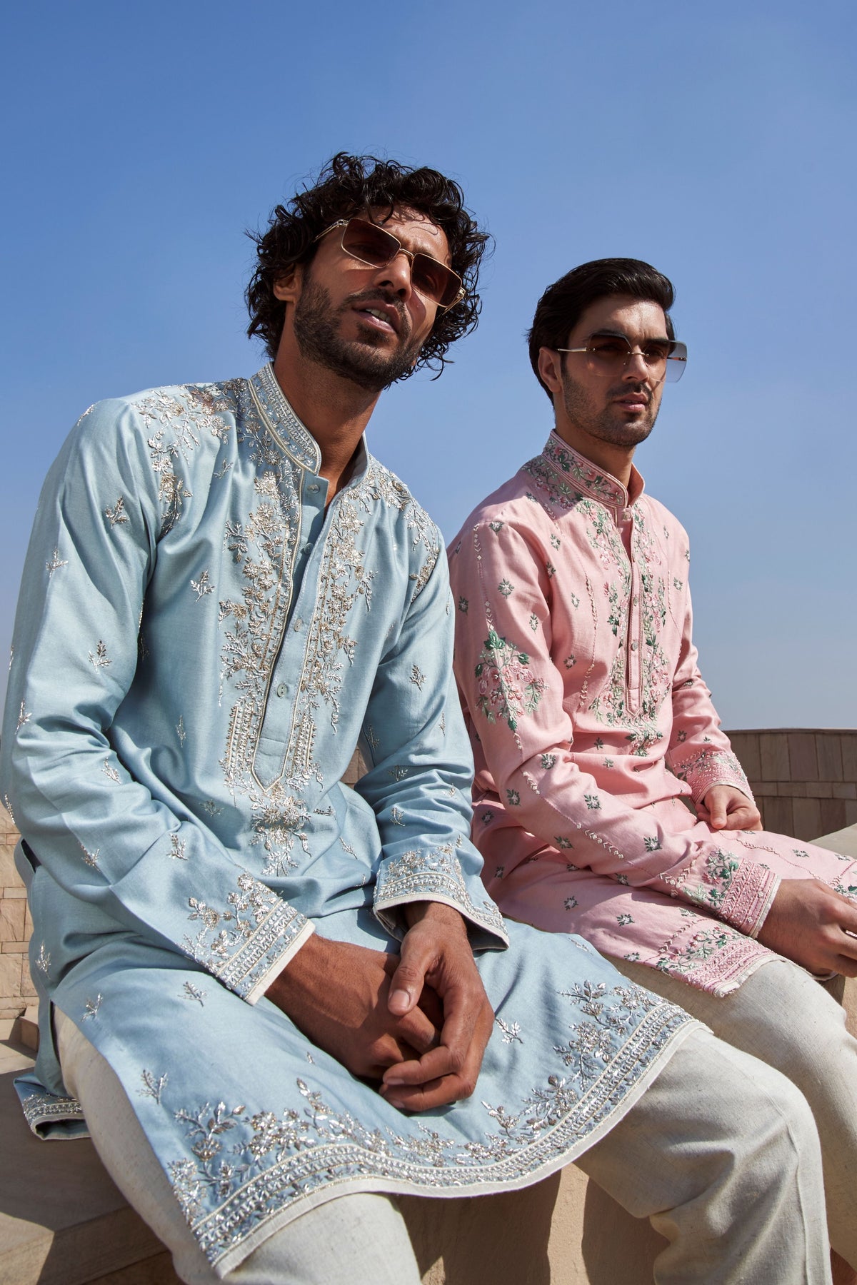 Powder Blue Geometric Creeper Kurta