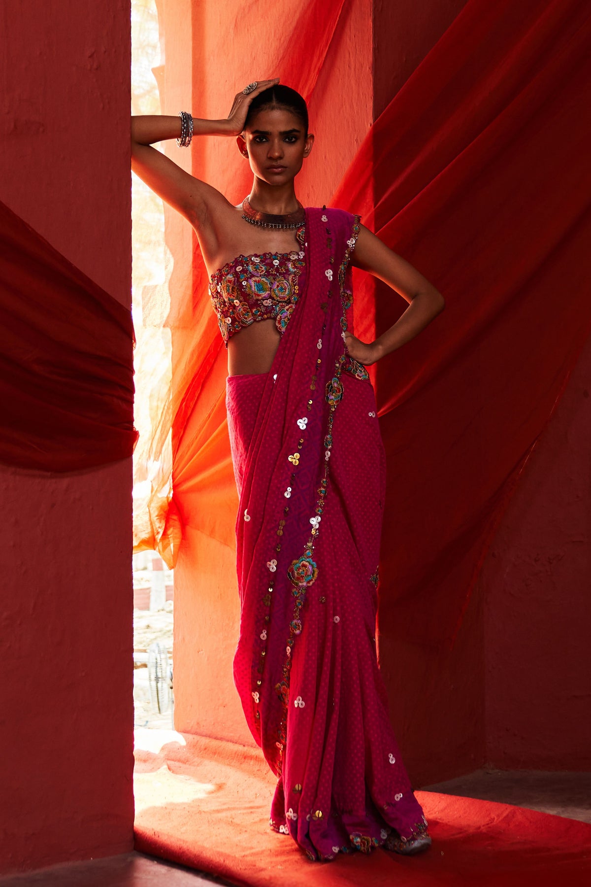 Pink Embroidered Sari Set