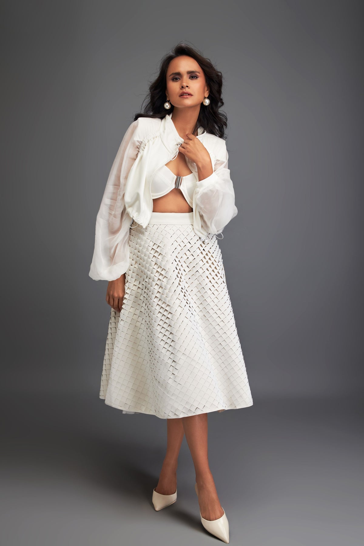 White Midi Length A-line Skirt