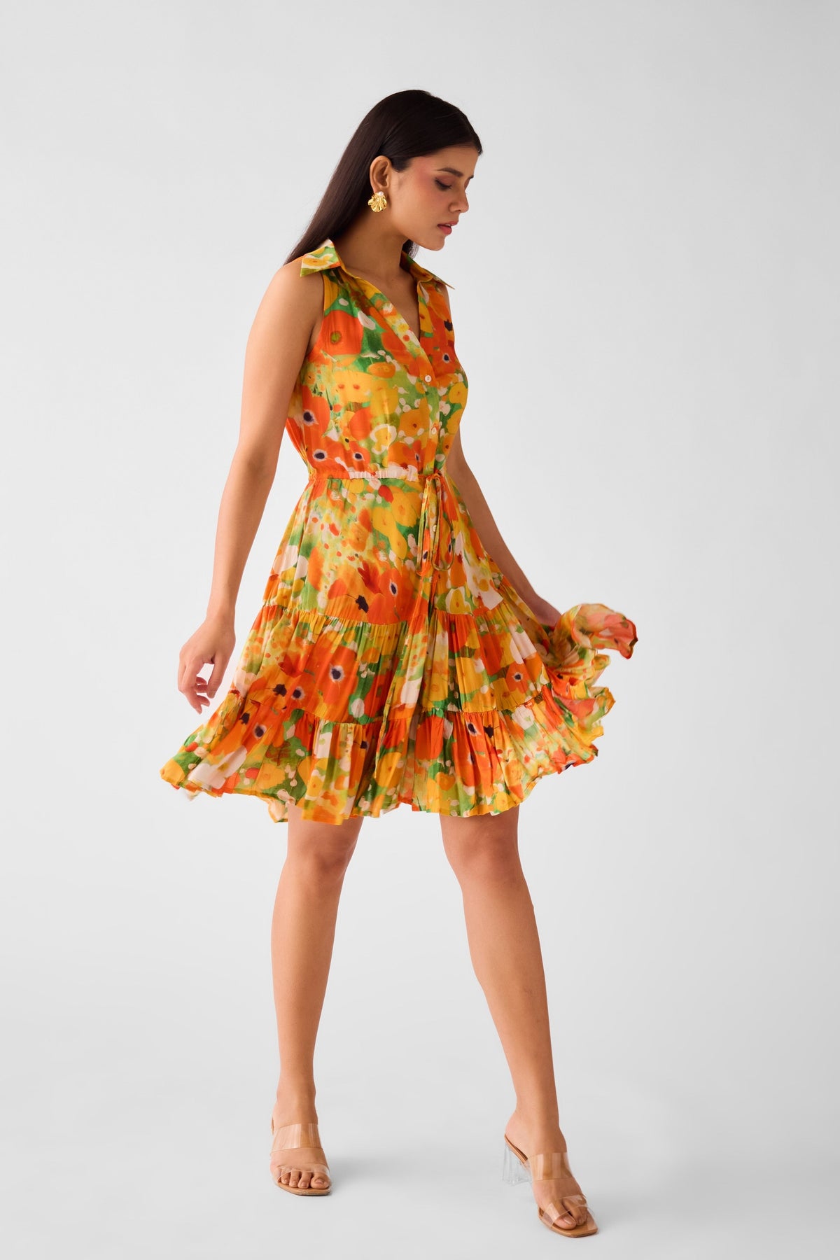 Orange Muslin Floral Dress