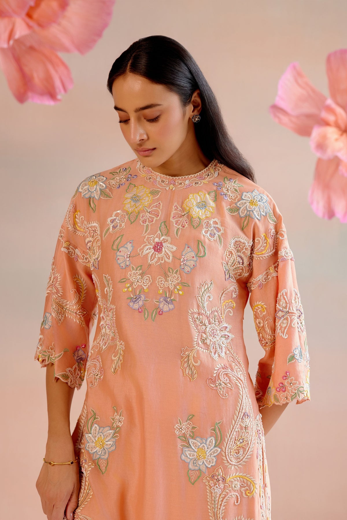 Apricot Contrast Embroidered Kurta Set