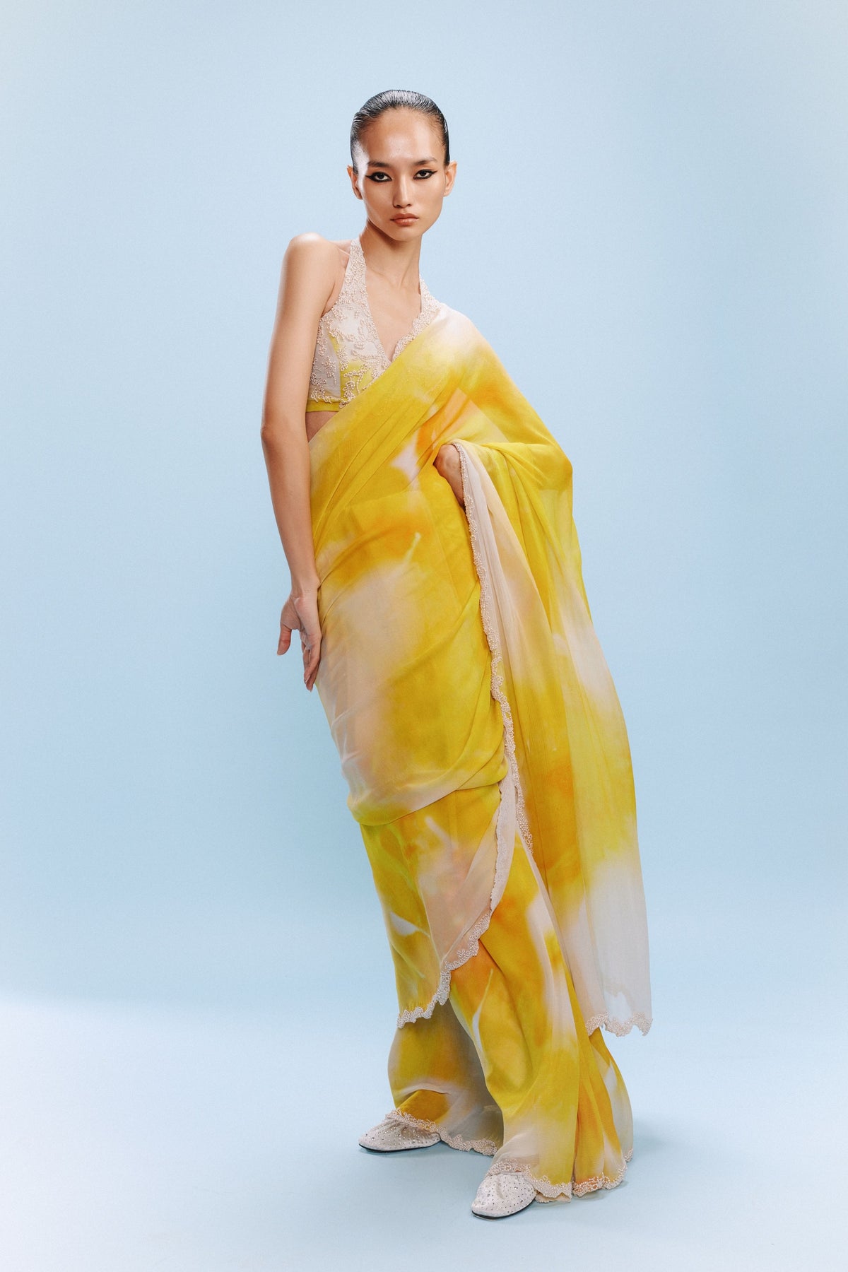 Asher Yellow &amp; White Saree Set