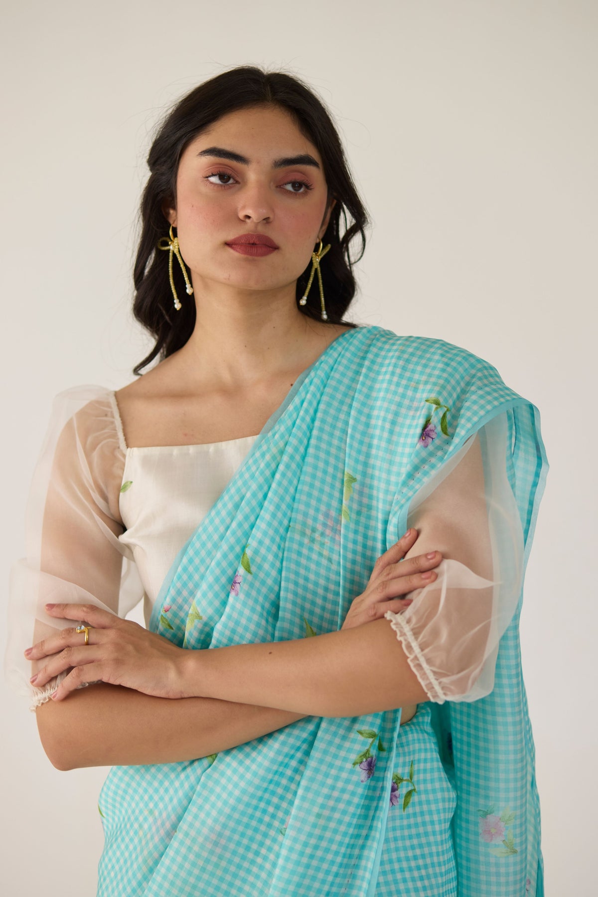 Blue Serene Meadow Mulberry Organza Silk Sari