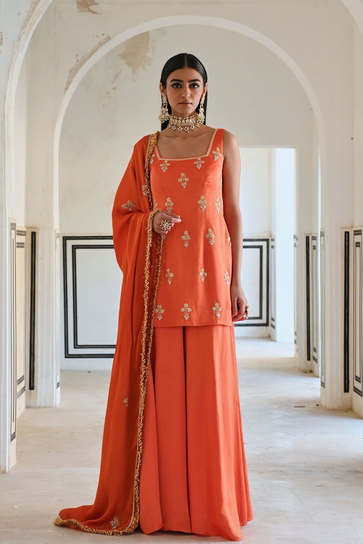 Orange Embroidered Kurta Set