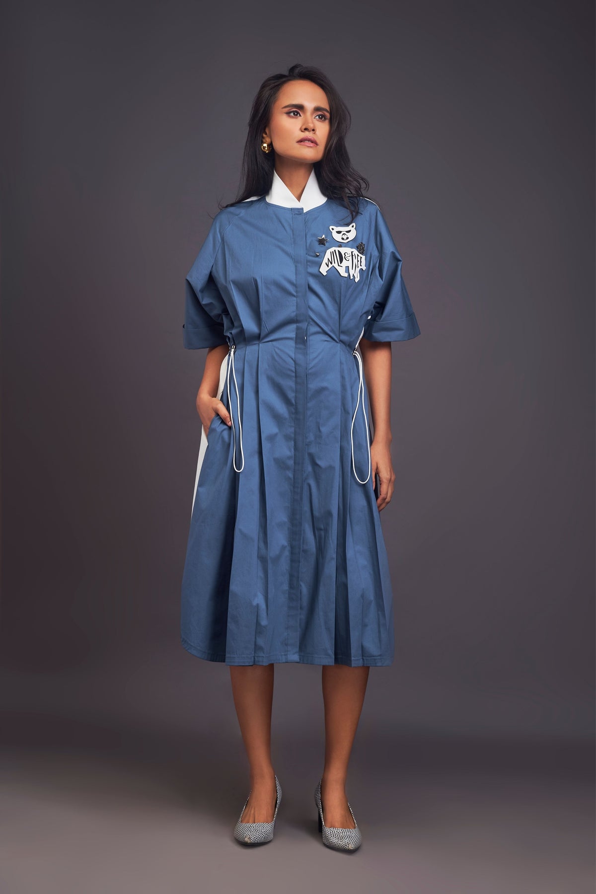 Blue and White Pleated Shirt Dress