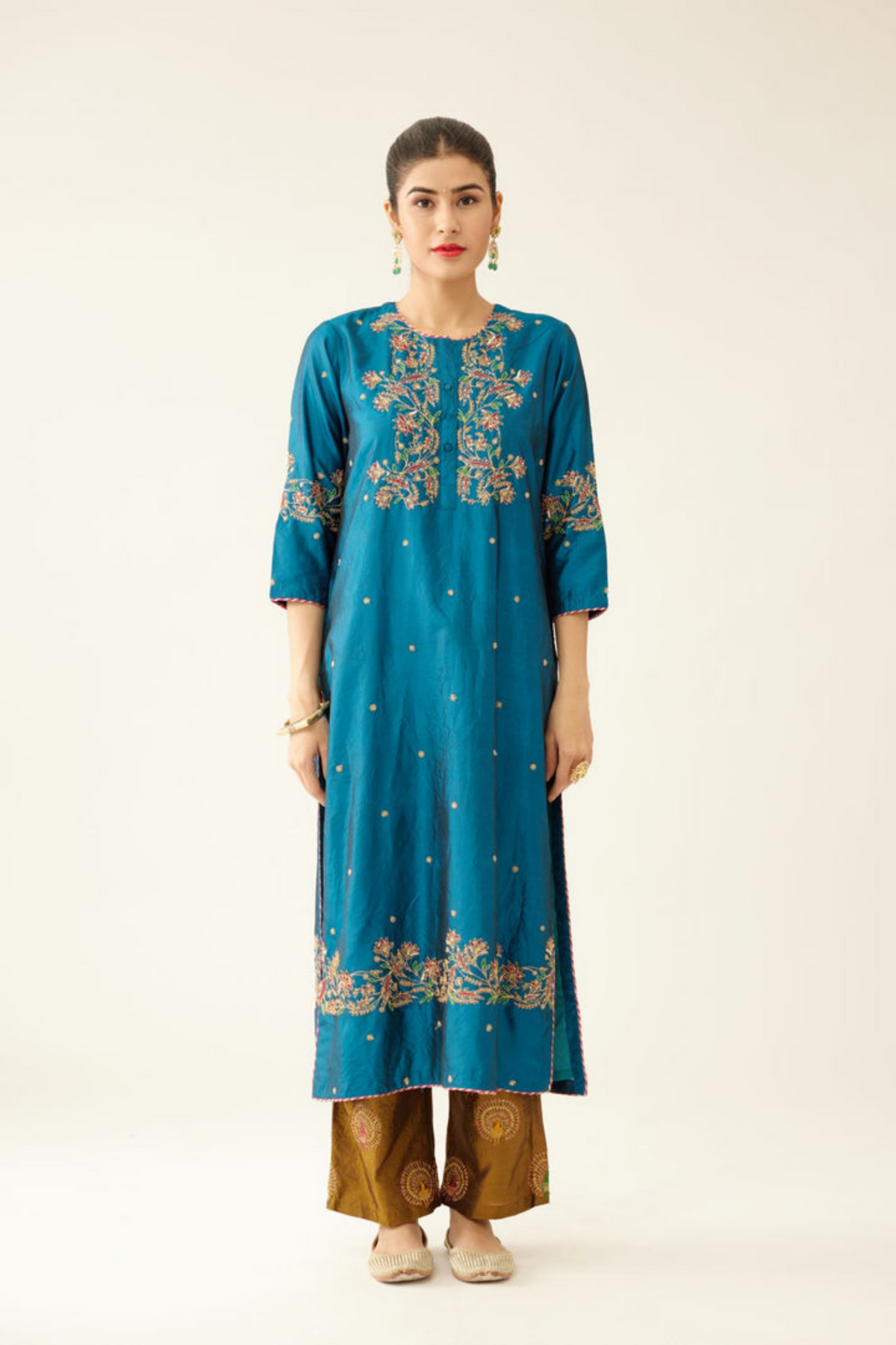 Dark Teal Straight Silk Kurta Set