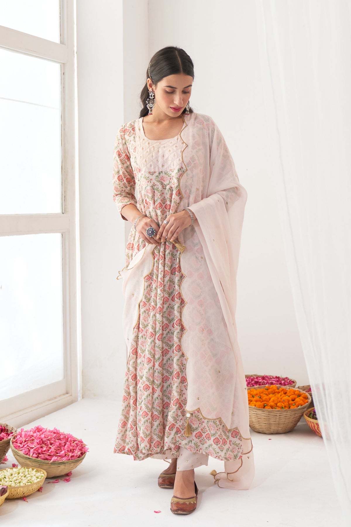 Ivory Peony Embroidered Anarkali Set